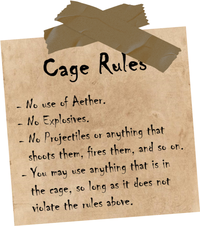 Cage Rules:No use of Aether No Explosives No Projectiles or anything that shoots, fires them and so on. You may use anything that is in the cage, so long as it does not violate the rules above.